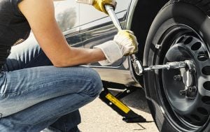 Using a jack, locking wheel nut, wrench and a spare, you can change a tyre in minutes